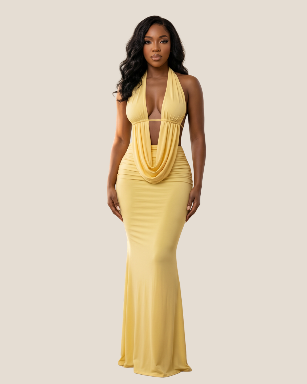 Halter Neck Draped Plunge Neckline Maxi Dress