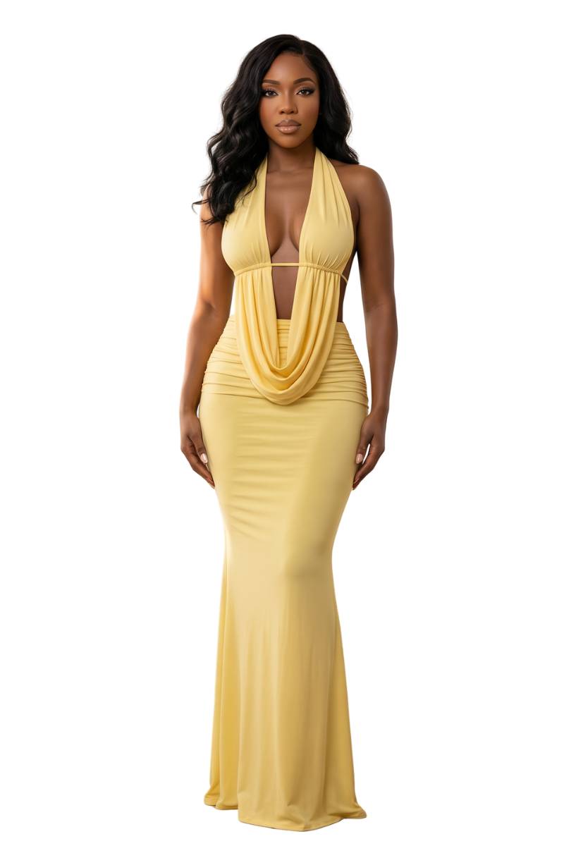 Halter Neck Draped Plunge Neckline Maxi Dress