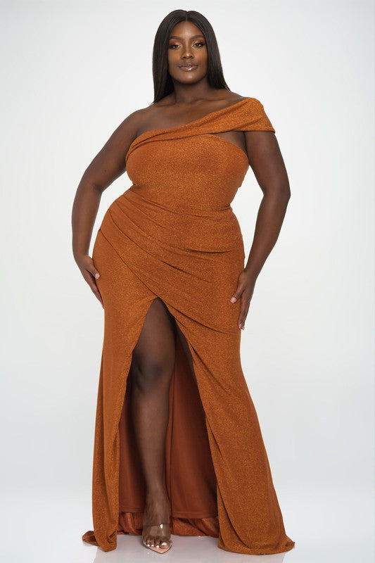 Stretchy One-Shoulder Maxi with Leg Slit Copper