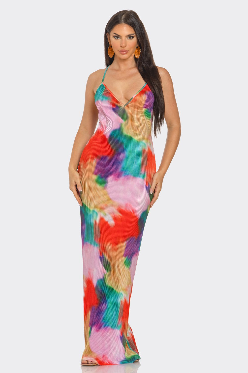 Watercolor Pleated Maxi Dress