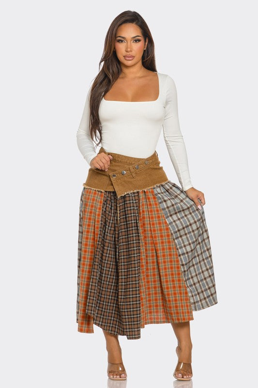 Caramel Plaid Button Split Skirt (Ship By 10/19/24- 10/29/24)