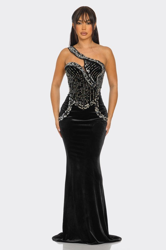 Regal Glow Rhinestone Velvet Maxi Dress