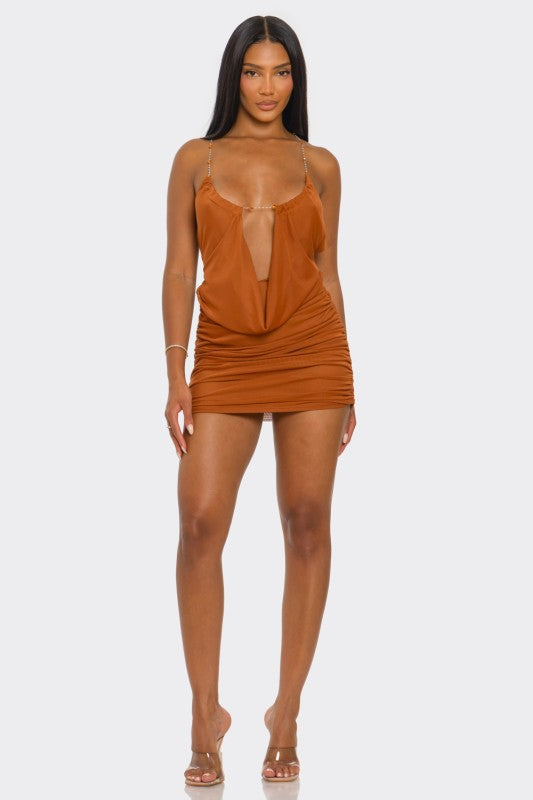 The Aria Pucker Mesh Cowl Mini Dress (Orange)