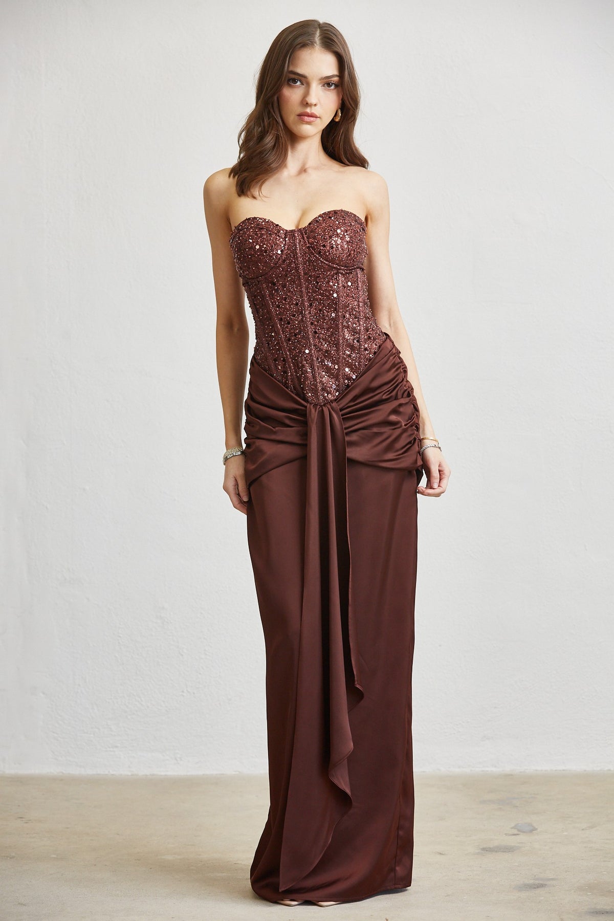 Sequin Glitter Pearl Draped Corset Dress (Ship By Dec 10th )