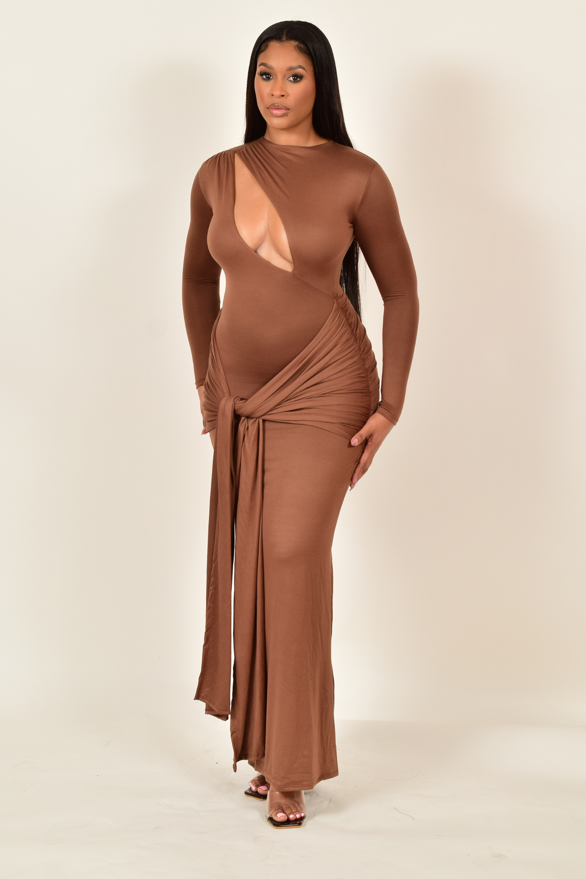Latasha Double Layer Cutout Maxi Dress - Brown