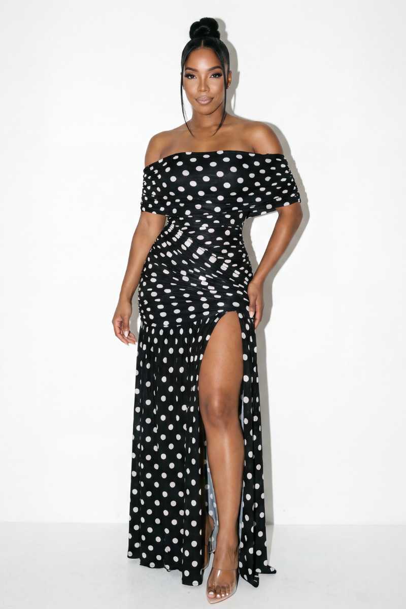 The Dotty Grace Off-Shoulder Maxi