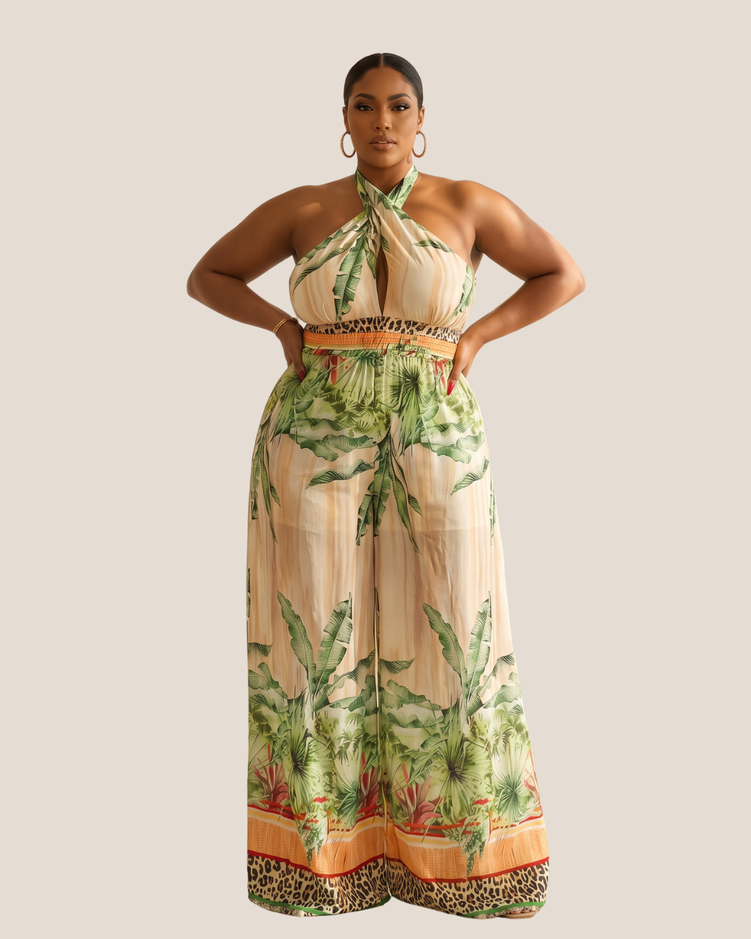 Halter Neck Tropical Animal Border Print Jumpsuit