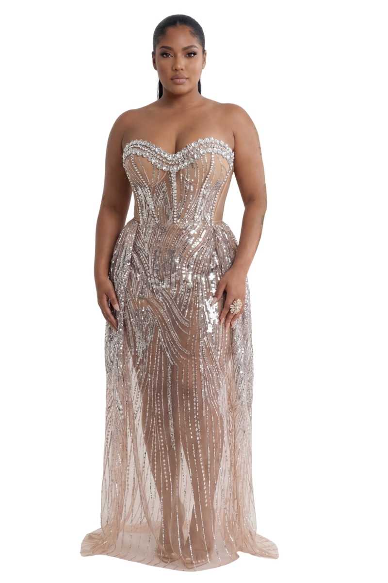 Strapless Sparkle Mesh Gown