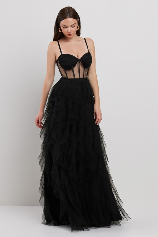 Cascading Corset Tulle Maxi Dress