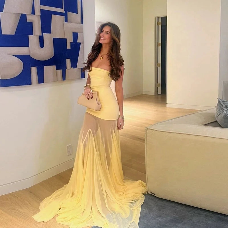 Golden Hour Mesh One Shoulder Maxi Dress
