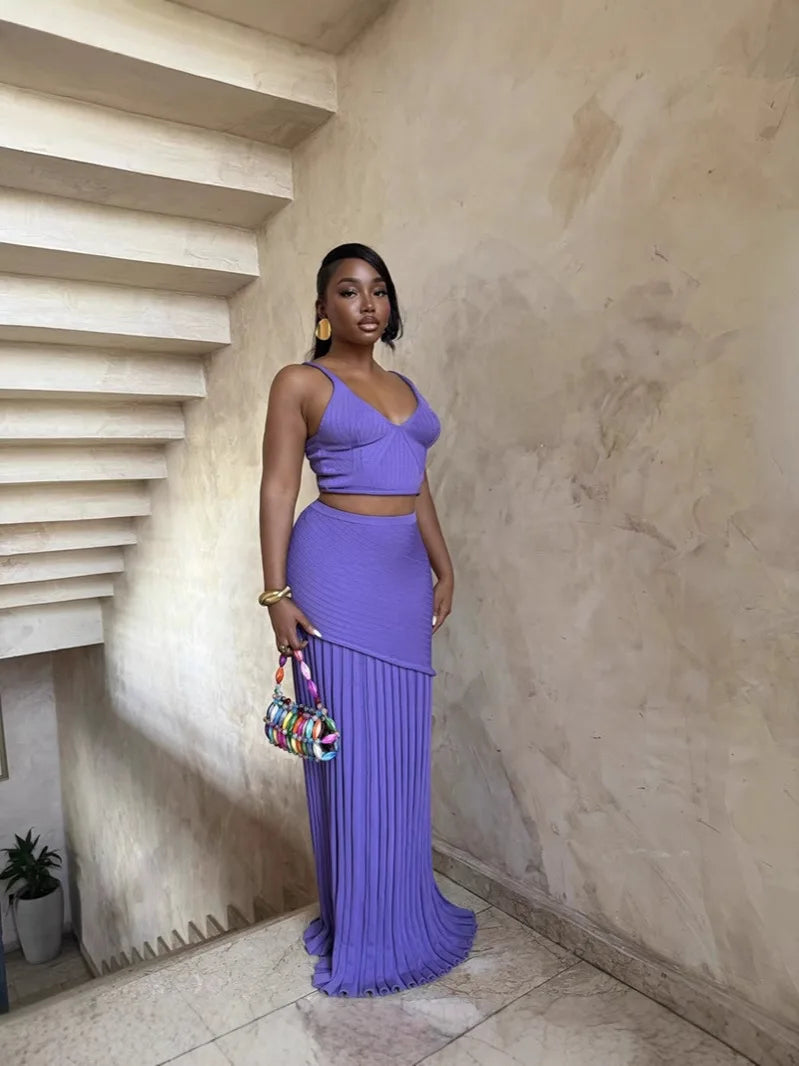 V-Neck Camisole Pleated Knit Skirt Set