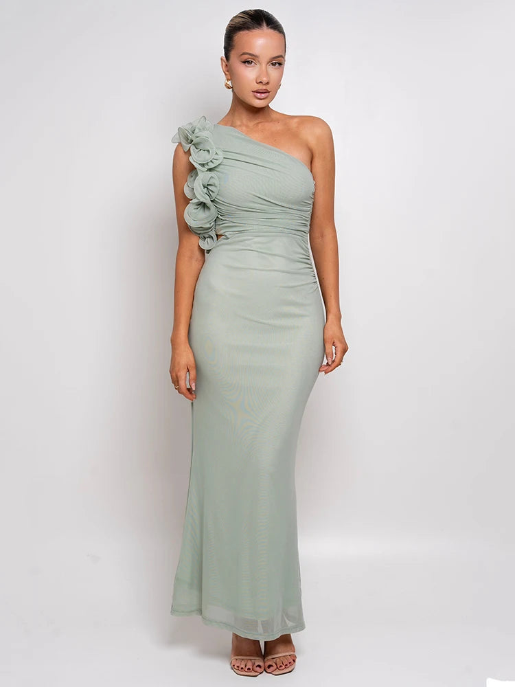 Oblique Shoulder Floral Mesh Ruched Maxi Dress