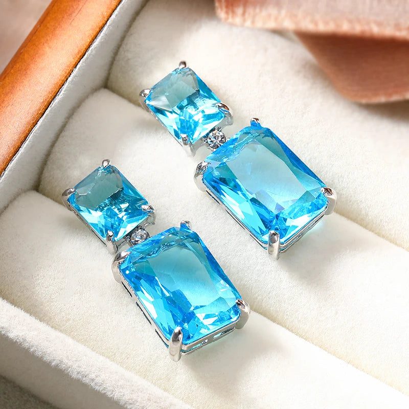 Vintage Square Blue Zircon Pendant Earrings