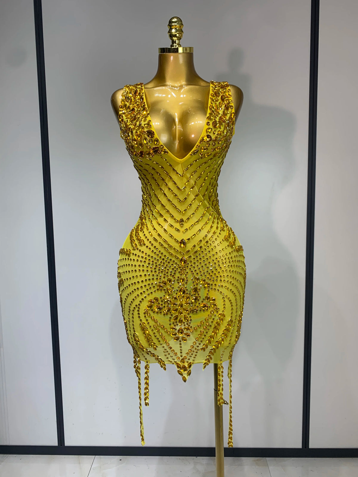 Sparkly Rhinestone Mesh V-Neck Dress