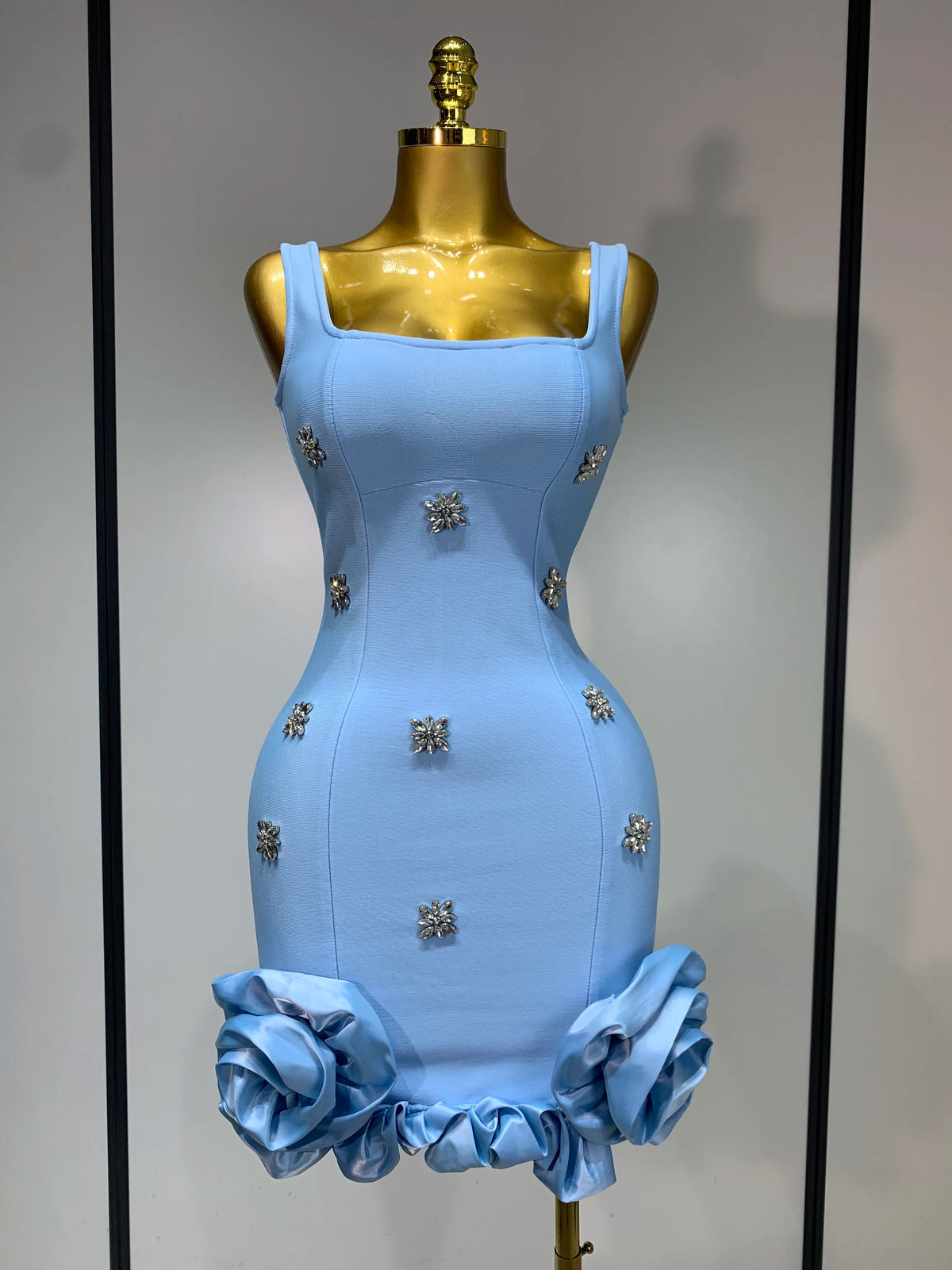 Crystal Square Neck Bandage Mini Dress
