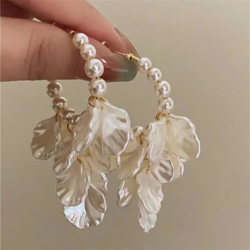 Pearl Petal Tassel Hoop Earrings