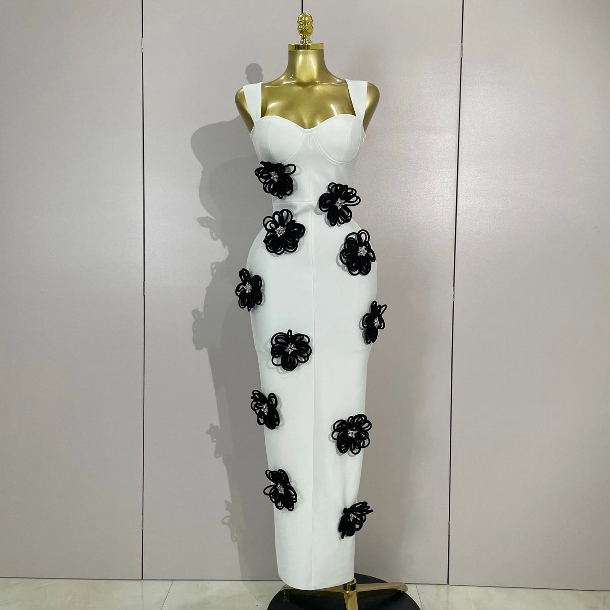 White & Black Floral Diamond Bandage Dress