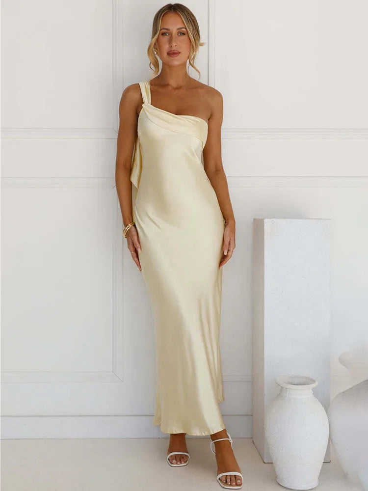 Satin One-Shoulder Split Maxi Dress