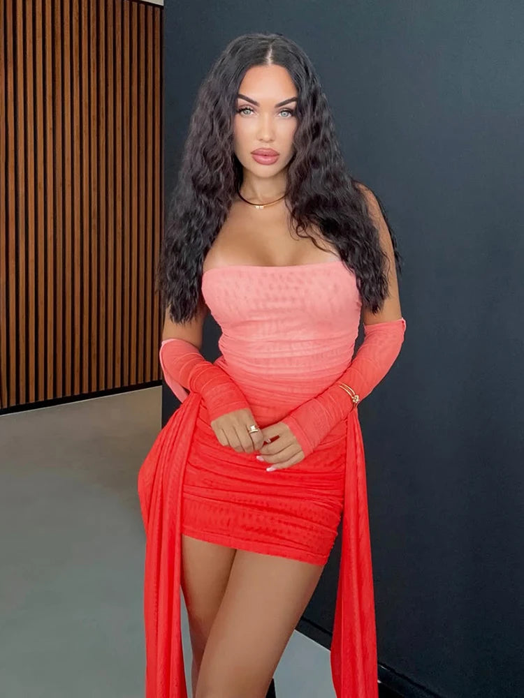 Sheer Mesh Ruched Cut-Out Mini Dress