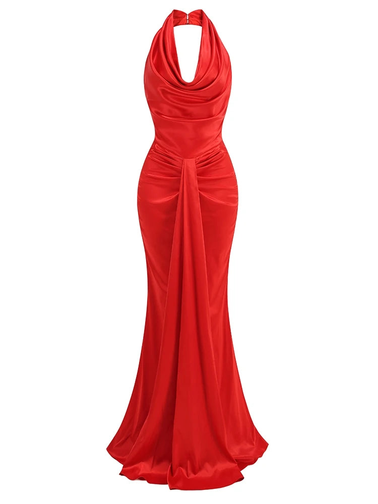 Sexy Swinging Collar Backless Pleated Long Dress