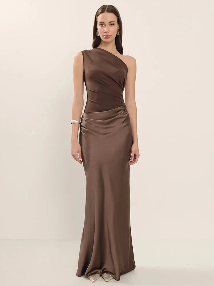 Satin One-Shoulder Patchwork Maxi Dress