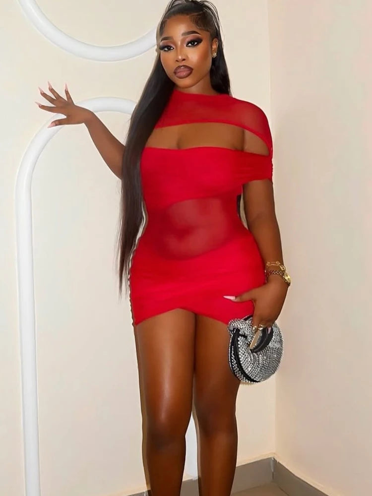 Luminous Veil Mesh Cut-Out Mini Dress