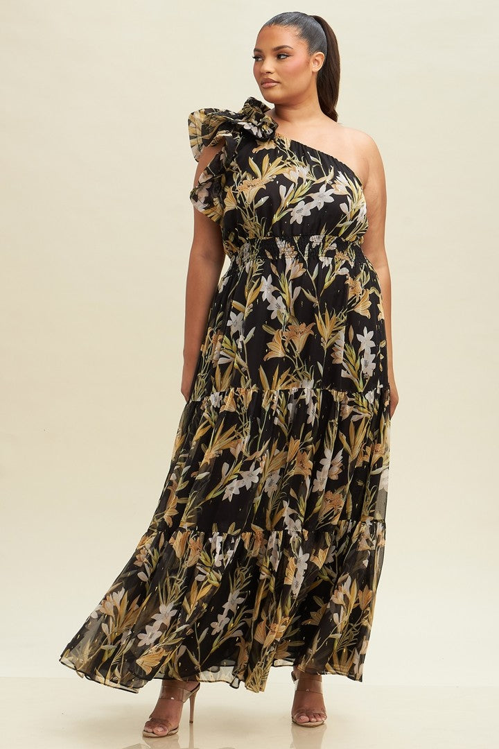 Golden Blossom One-Shoulder Dress Plus