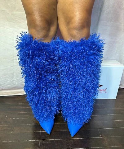 Faux Fur Statement Boots (Blue )