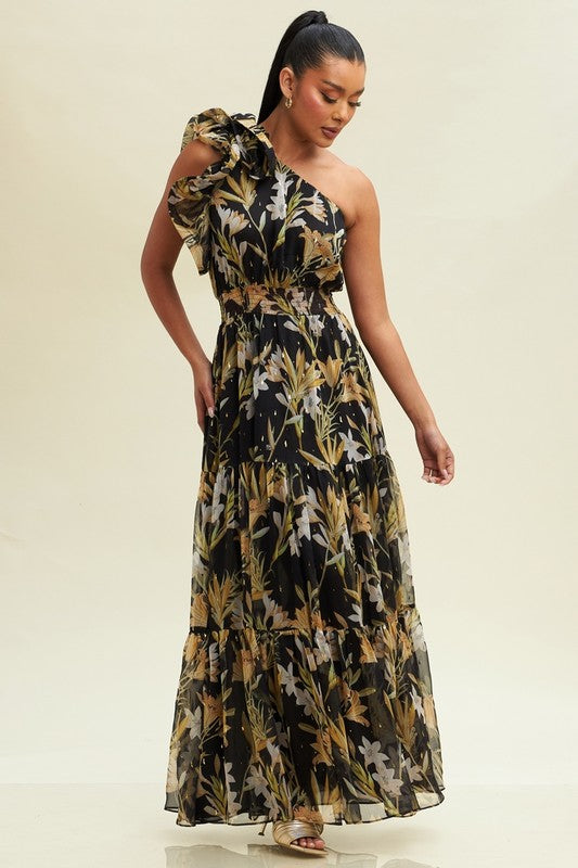 Golden Blossom One-Shoulder Dress