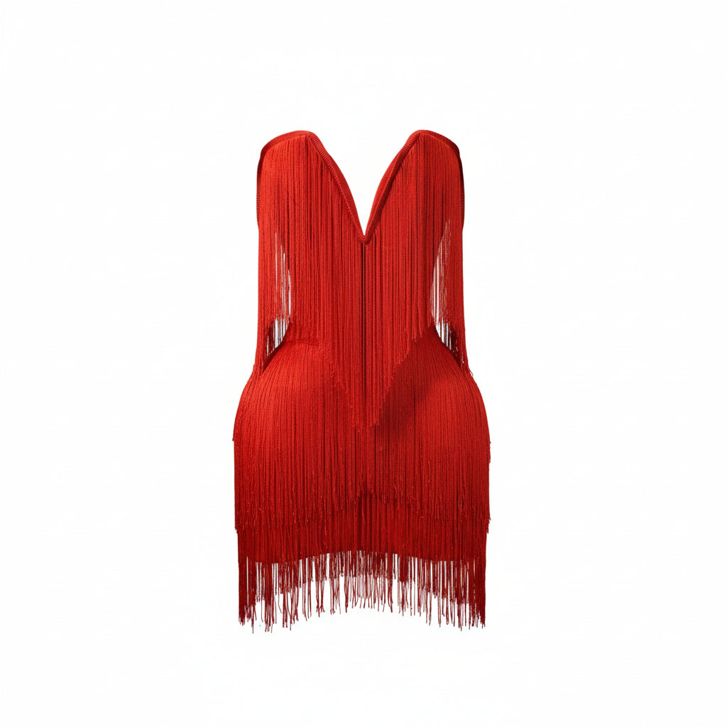 Velvet Night Tassel Mini Dress (Red)