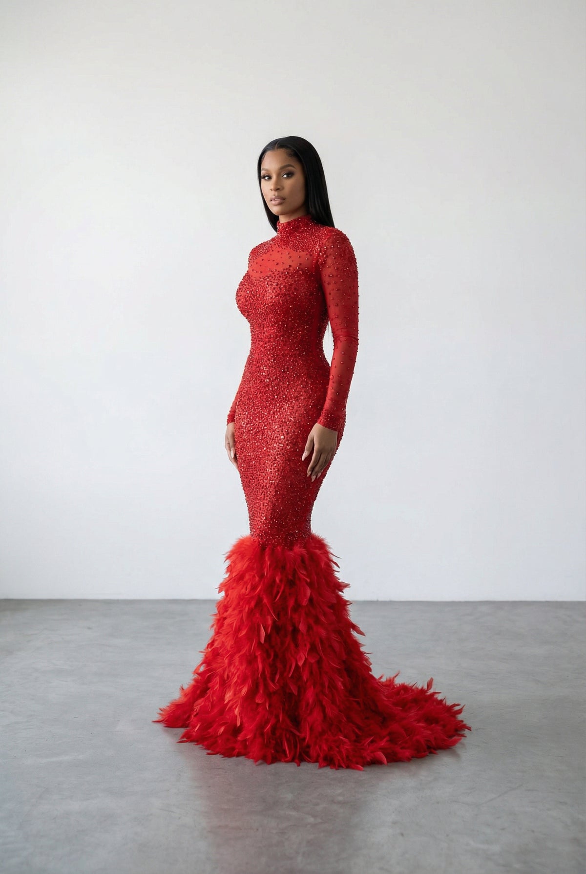 Midnight Feather Diamond Maxi Dress (Red)